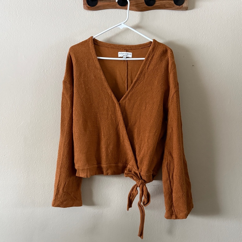 Madewell Texture & Thread Rust 100% Cotton Faux Wrap Tie Front Blouse Size L
